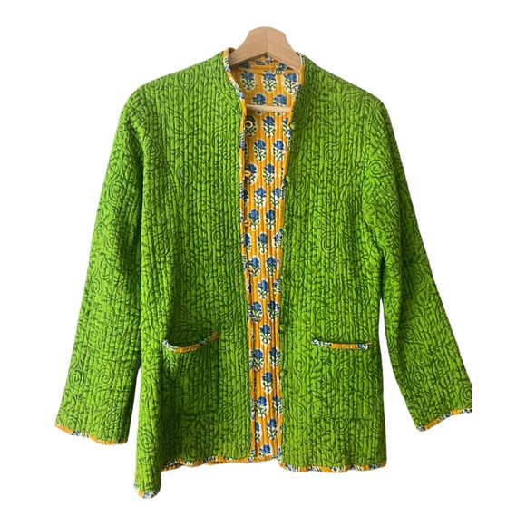 Quilted Reversible Jacket with Patch Pockets in Green and Yellow size S/M - Picture 5 of 13